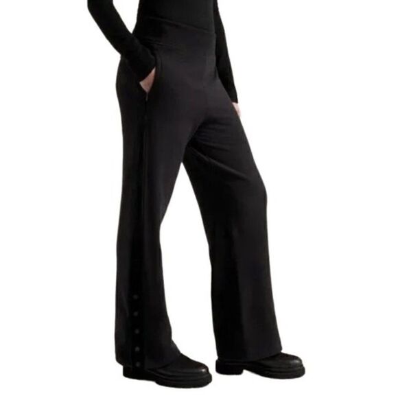 ATHLETA Retroplush Velvet Trim Straight Leg Pant Snap Black Sweatpant Medium - Picture 1 of 7